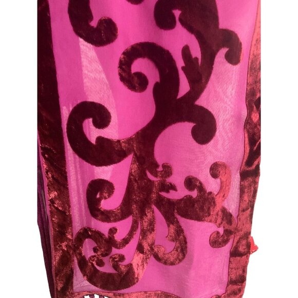 Vtg Anne Klein Sheer Nylon Velvet Plum Wine Scroll w Fringe Neck Scarf 7" x 64" - Picture 4 of 11